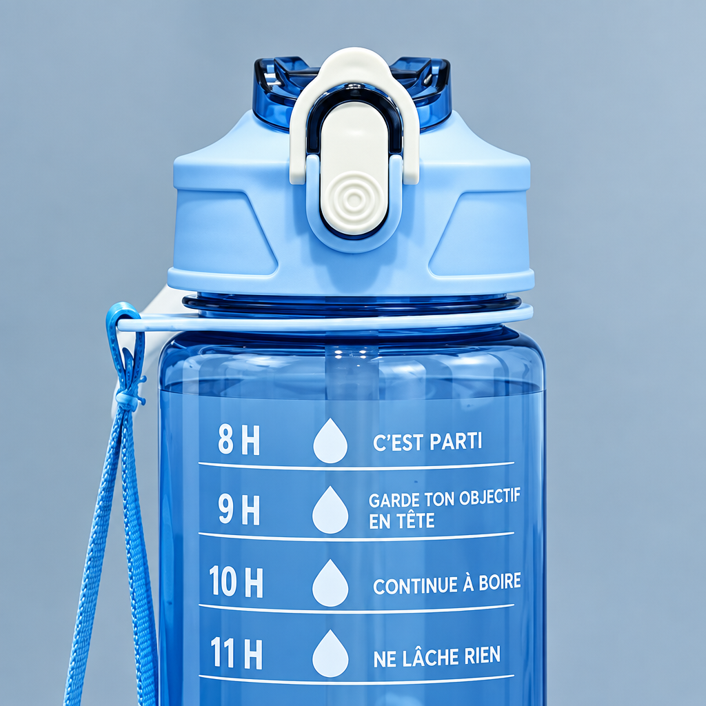 Gourde sport 800 ml – gros plan sur le bouchon et les repères horaires