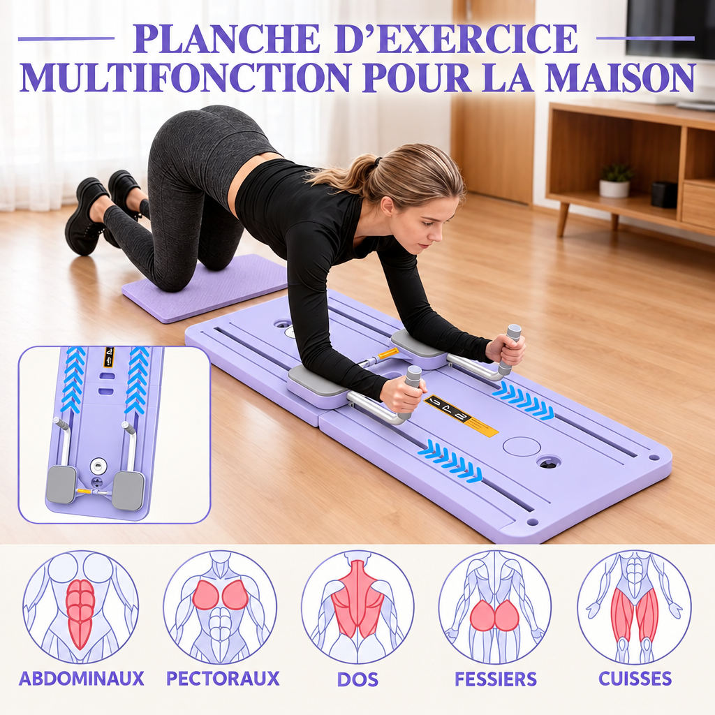 Planche Pilates – muscles sollicités : abdominaux, pectoraux, dos, fessiers et cuisses