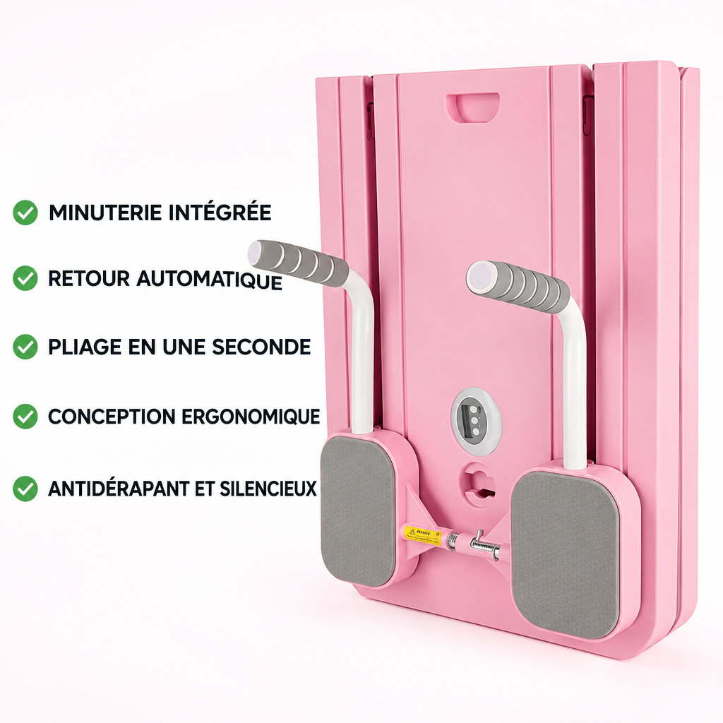 Planche Pilates rose – minuterie, retour automatique, pliage rapide et conception ergonomique