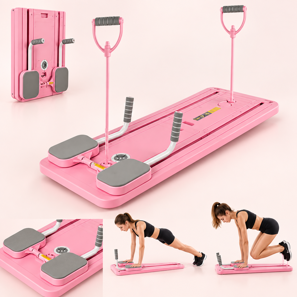 Planche Pilates rose avec accessoires de fitness