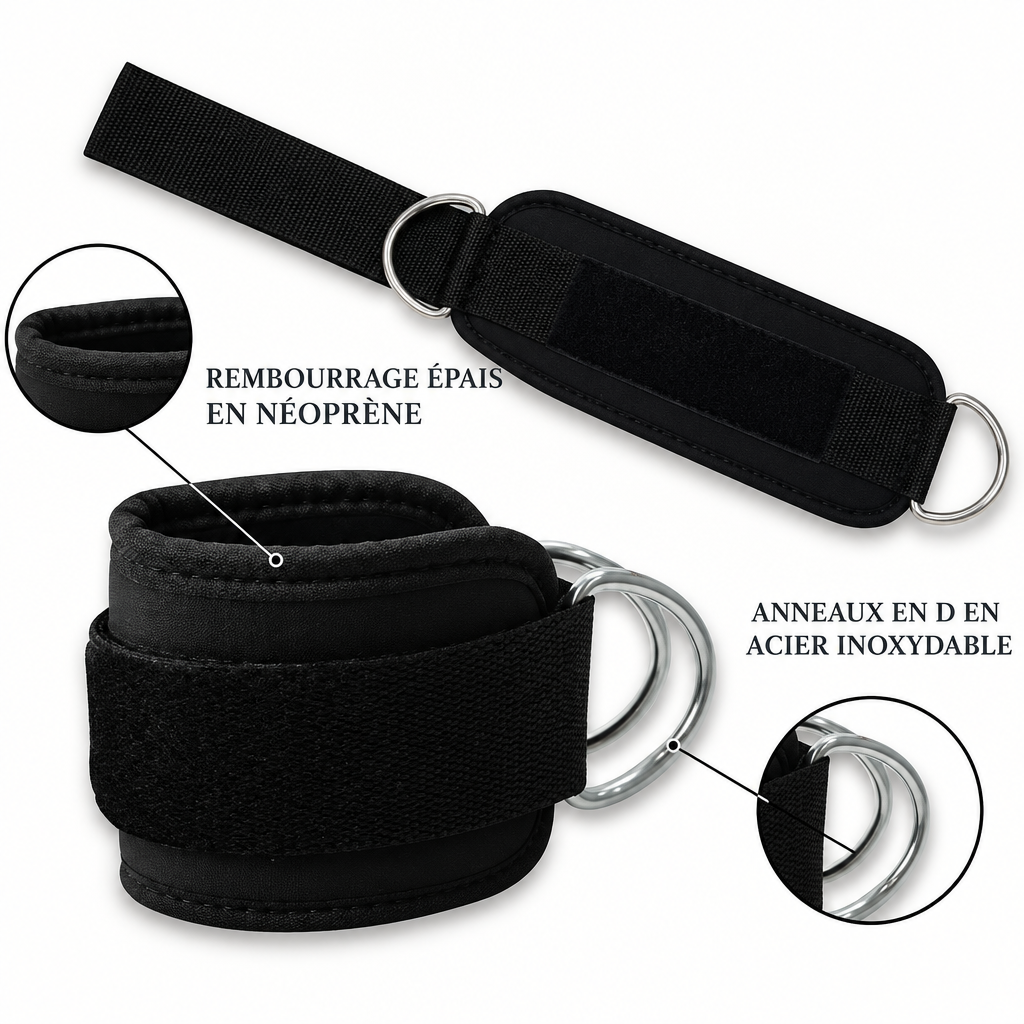 Sangle de cheville fitness – rembourrage épais en néoprène et anneaux en acier inoxydable